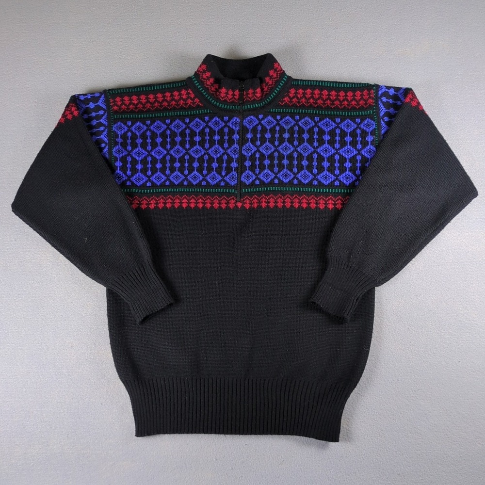 Vintage Meister Ski Sweater Mens Small Black Blue Red 1/4 Zip Geometric Wool